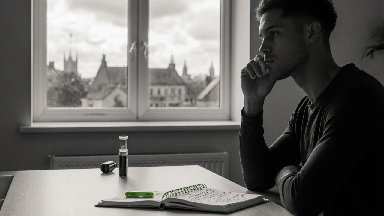Athlete reviewing notes while holding an Alledine capsule near an epi‑pen.