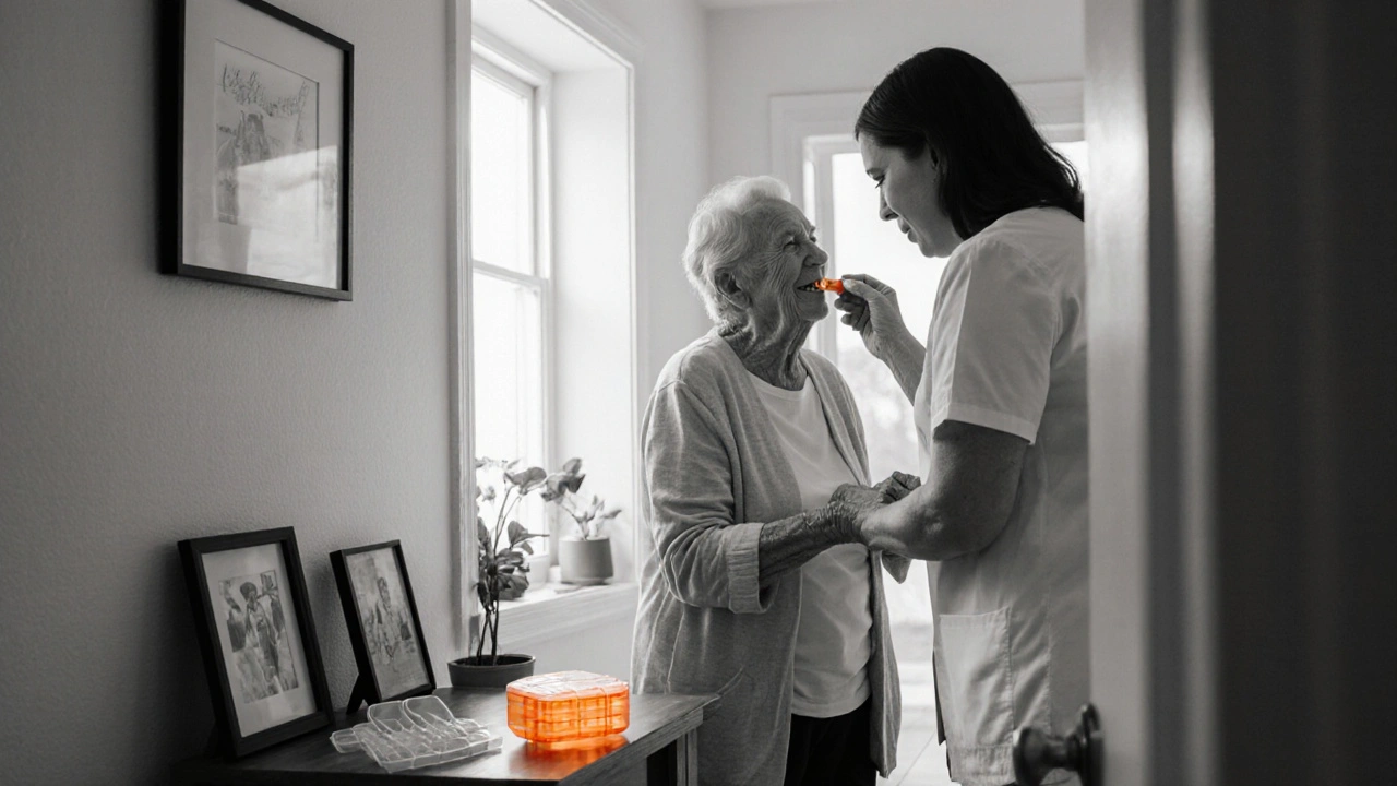Caregiver assisting senior to take Actifen, grayscale with orange pill focus.