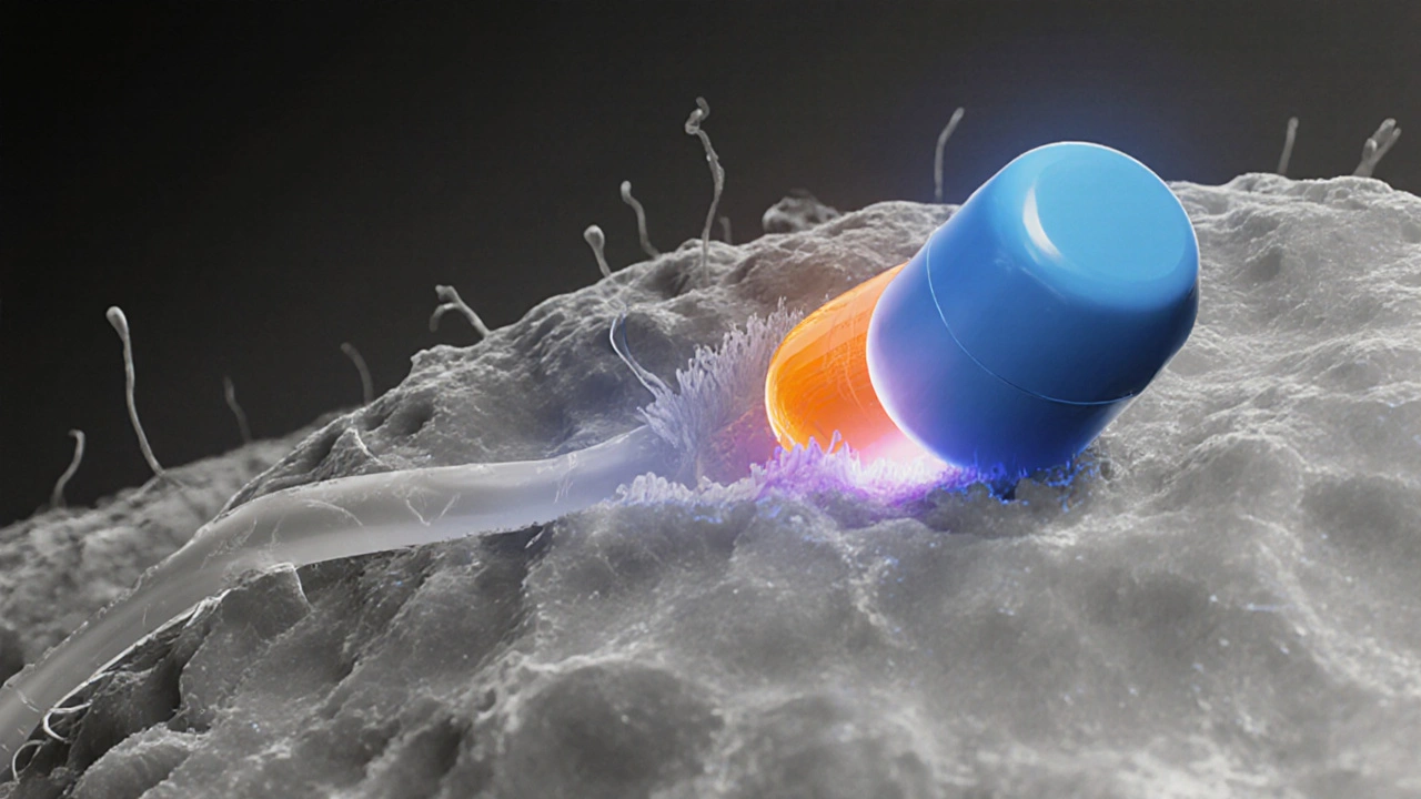 Cellular view of V2 receptor blocked by tolvaptan, with vasopressin in orange.