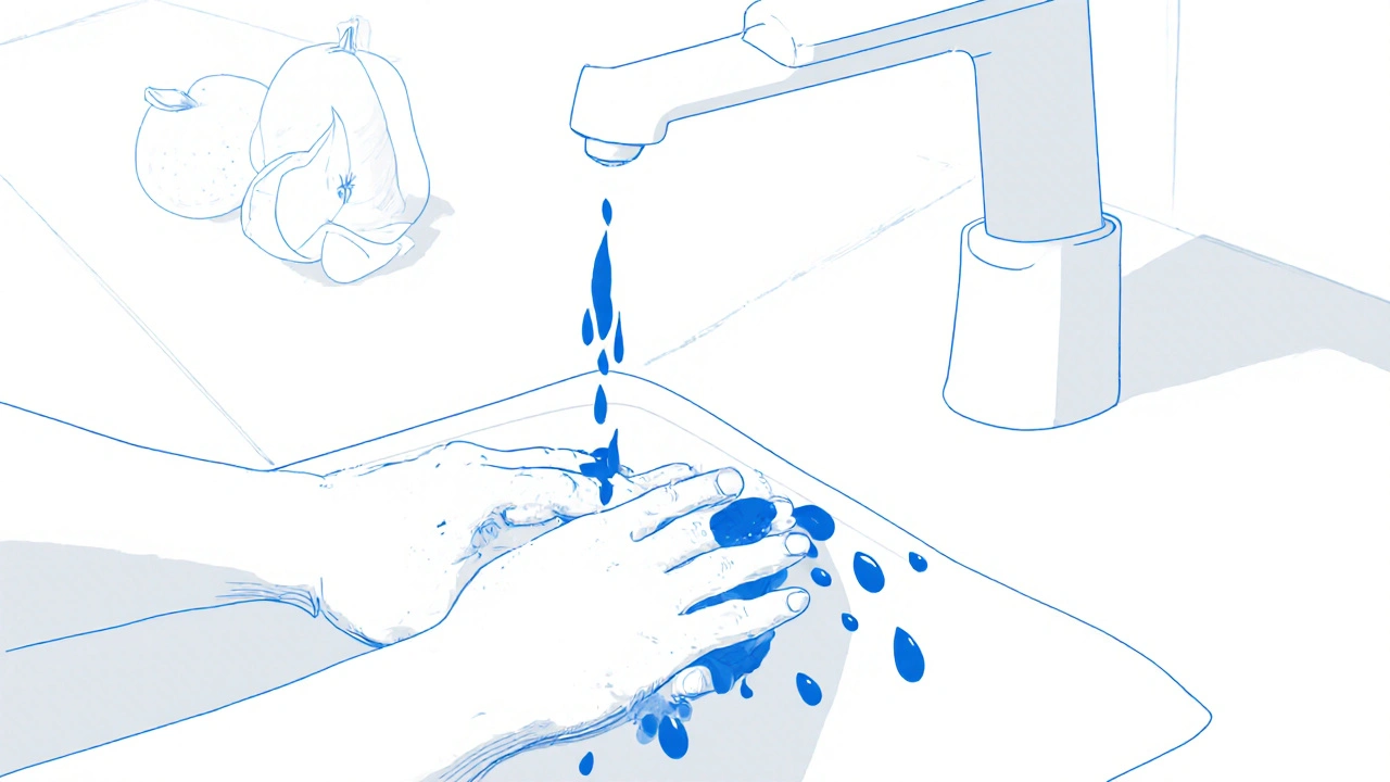 Close‑up of hands washing with soap, water highlighted in blue, travel items in background.