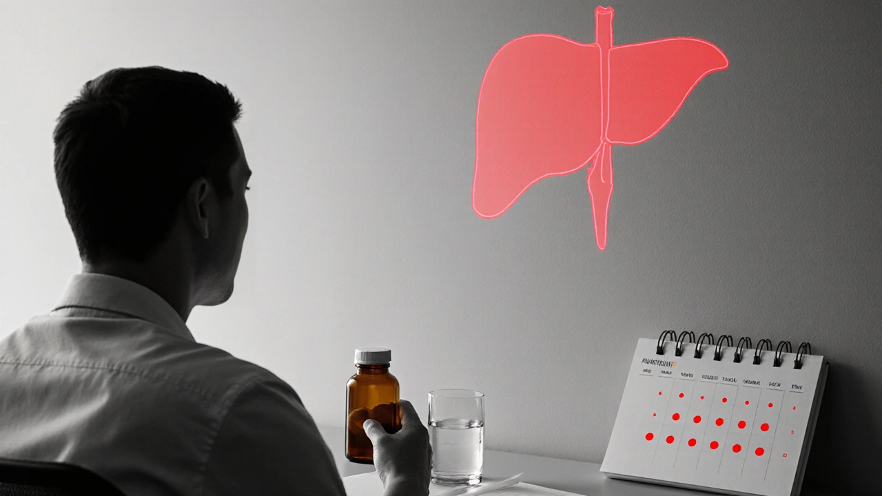 Doctor and patient discussing treatment, liver silhouette marked in red, tolvaptan bottle nearby.