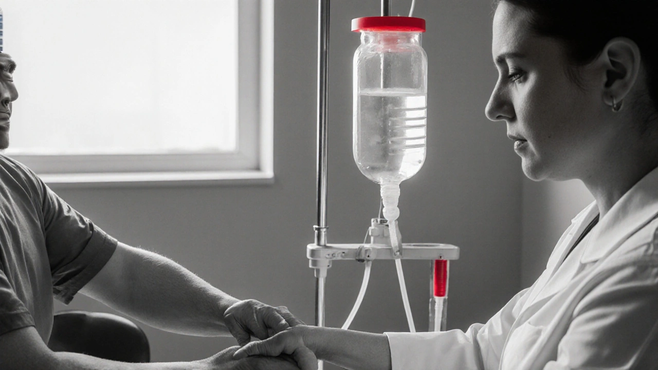 Doctor checking skin turgor, IV bag highlighted in red in a clinical room.