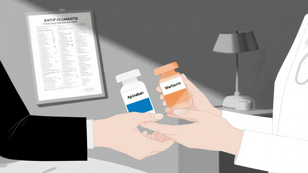 Doctor handing a blueâaccented apixaban pill and an orangeâtinged warfarin pill to a patient.