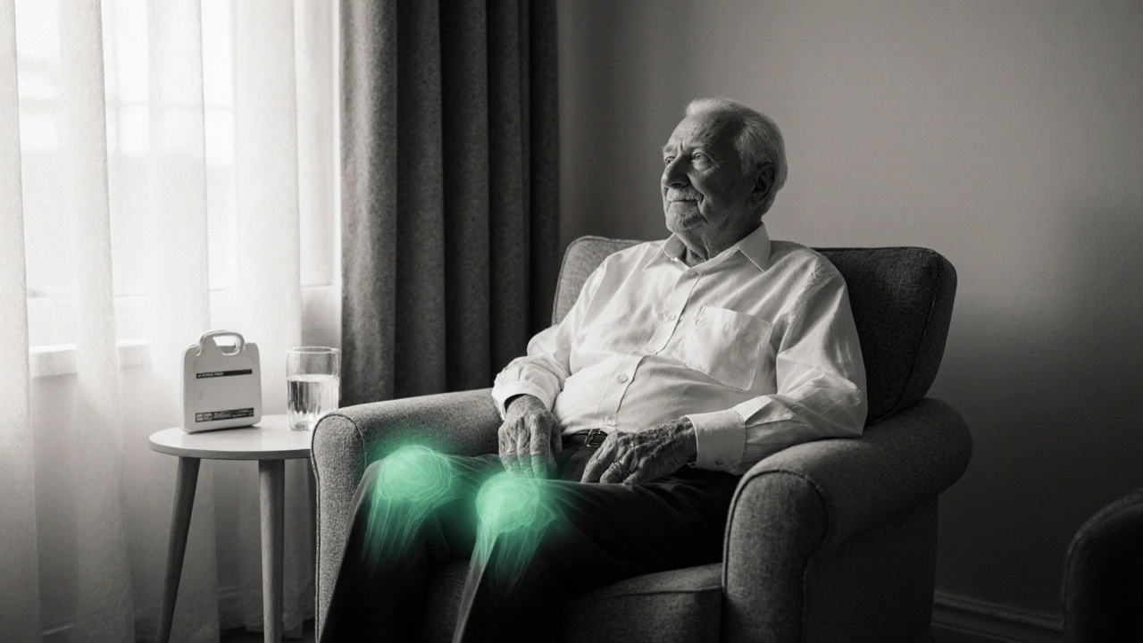 Elderly man sitting relaxed at home, with subtle green accents on his joints.