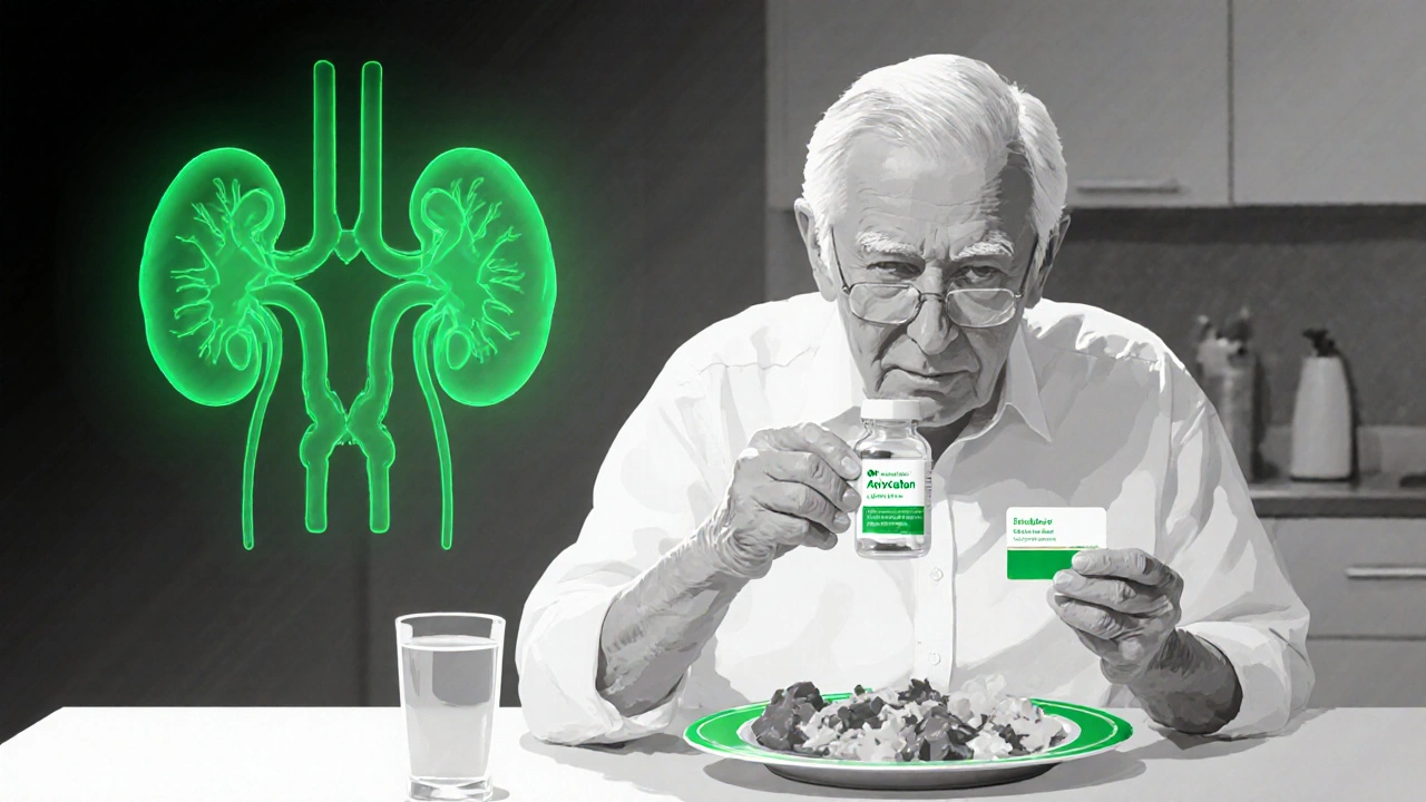 Elderly patient taking apixaban with a greenâaccented bottle and medication card at a kitchen table.