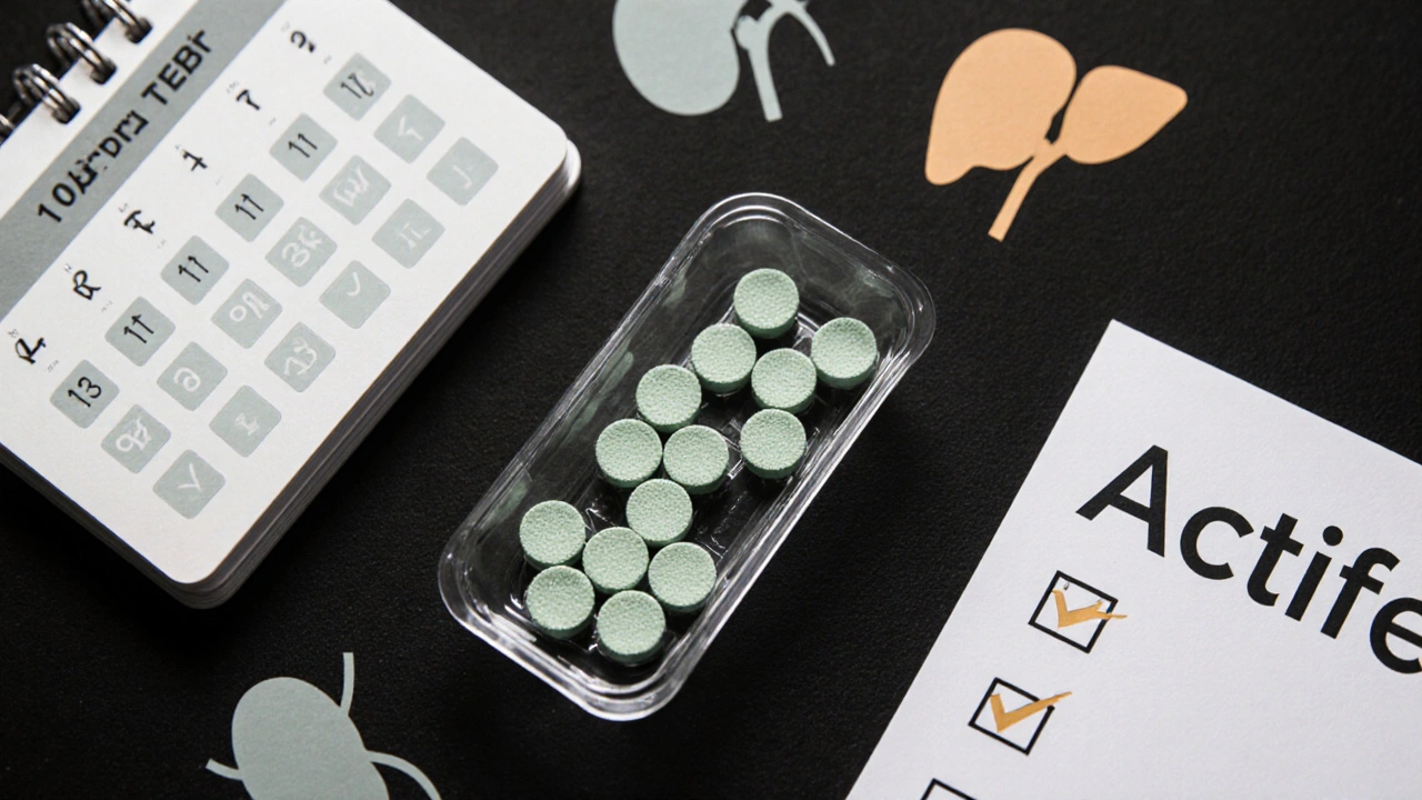 Flat lay of Actifen tablets, calendar, kidney/liver icons, and checklist.