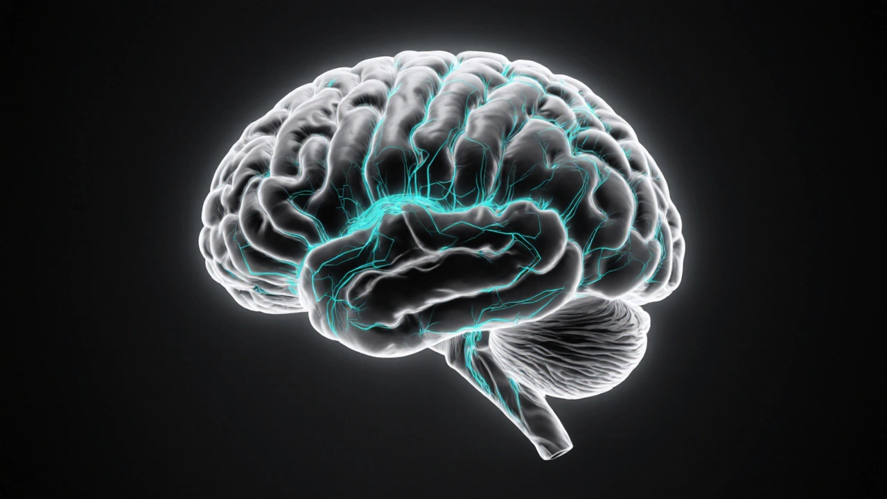 Gray brain showing reduced prefrontal area and turquoise dopamine pathways.