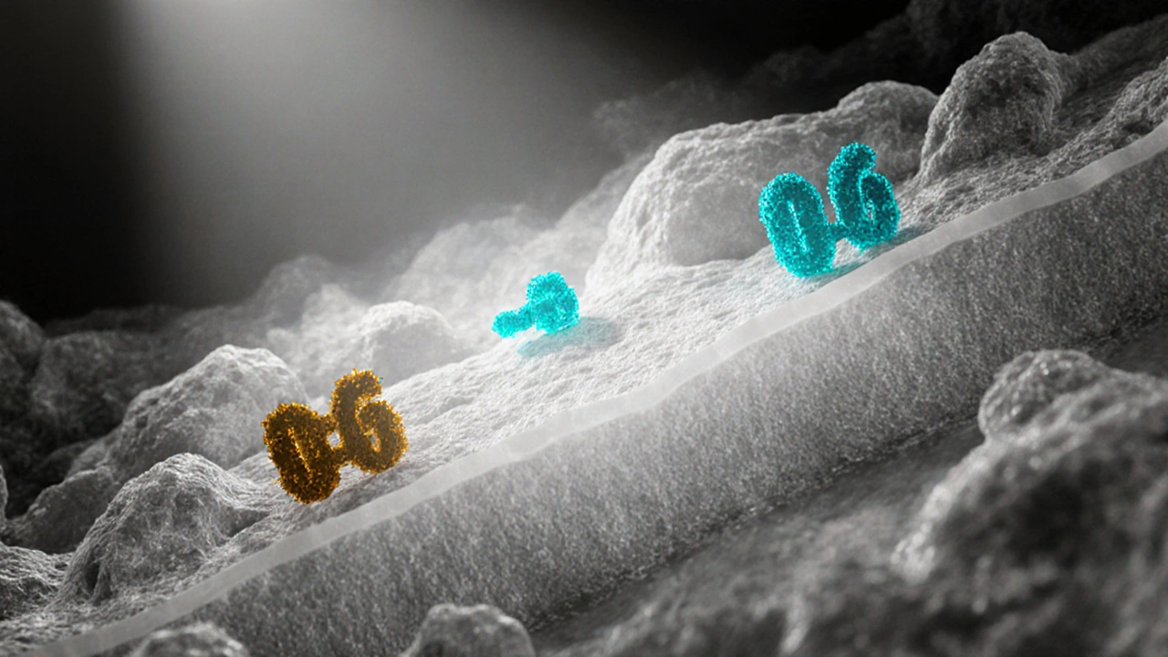 Illustration of IL‑6 receptors blocked by cyan‑highlighted Algikey molecules.
