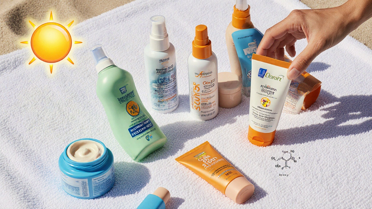Macro view of assorted sunscreen tubes, spray cans, and gels arranged on a beach towel.