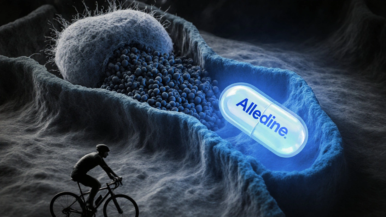 Mast cell showing histamine release versus Alledine stabilizing effect.