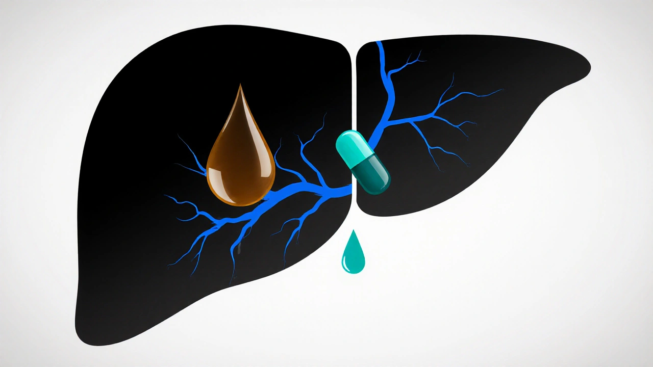 Monochrome liver illustration with blue enzyme pathways, amber alcohol droplet, and teal pill.