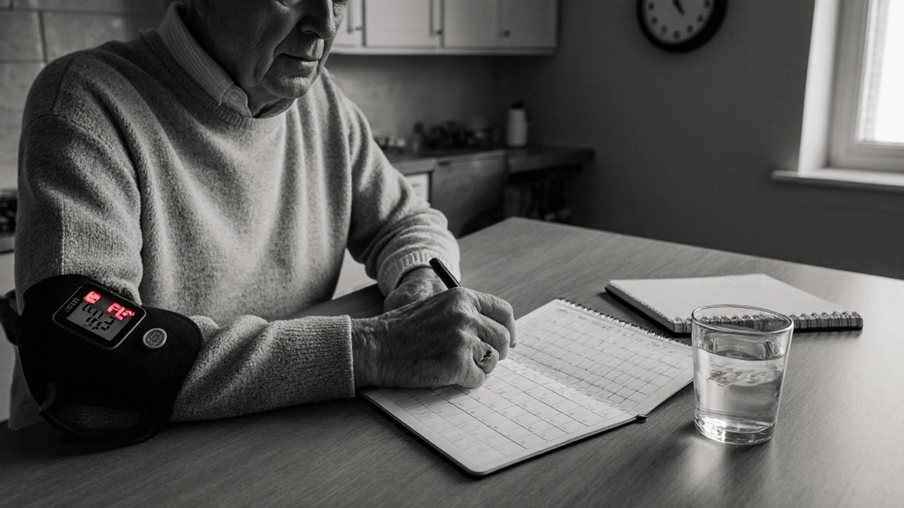 Older man checking blood pressure while reviewing a pill organizer, monochrome with red cuff highlight.
