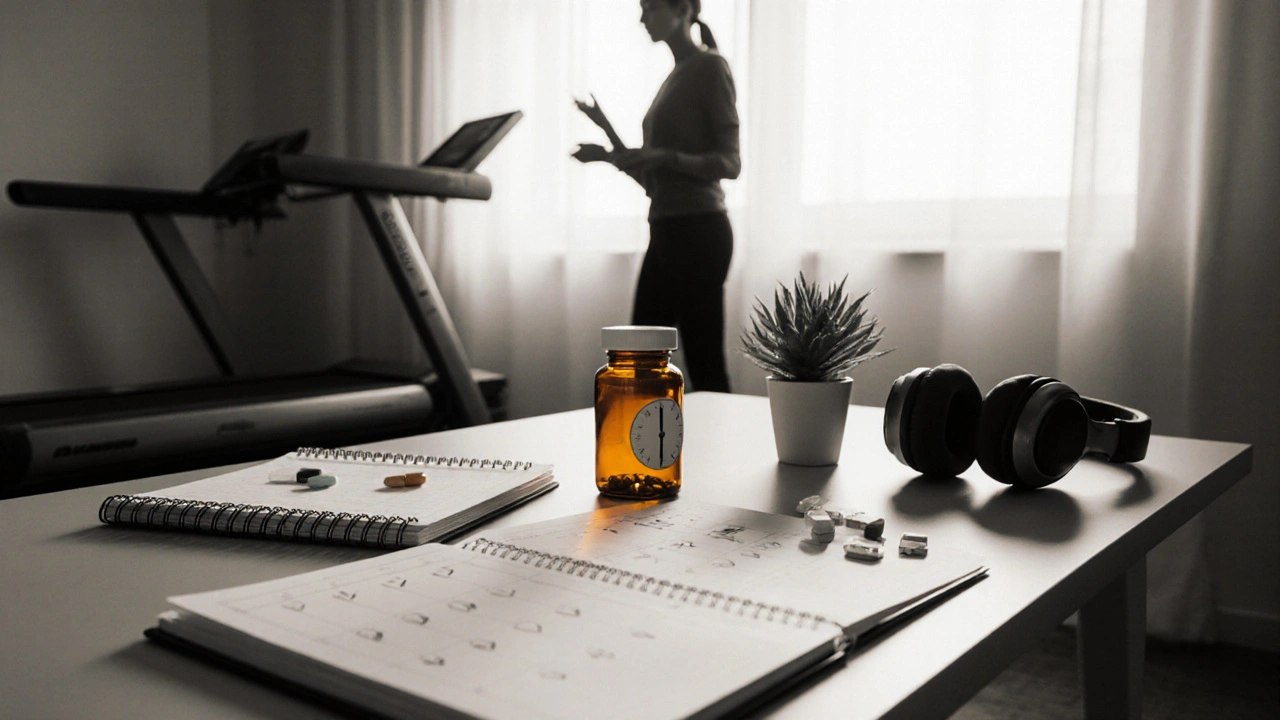 Organized desk with planner, timer, medication bottle, headphones, and therapist silhouette.