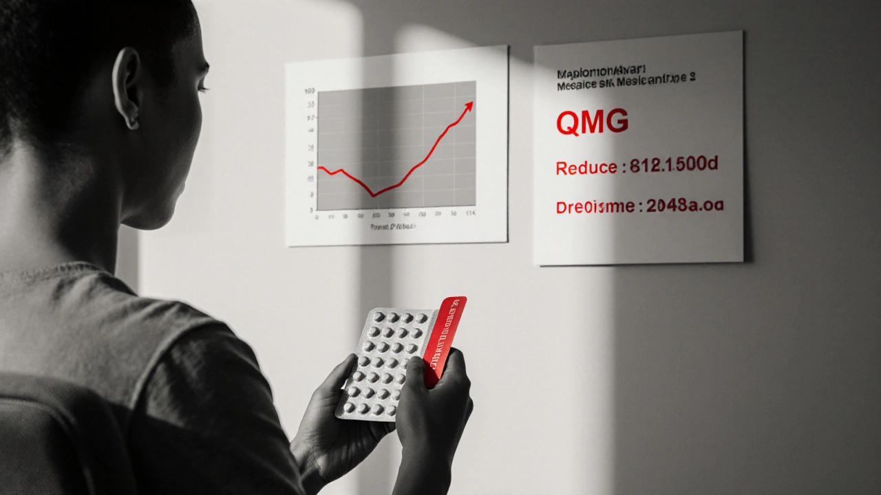 Patient holding DMF tablets with charts of improved strength and lower steroids.