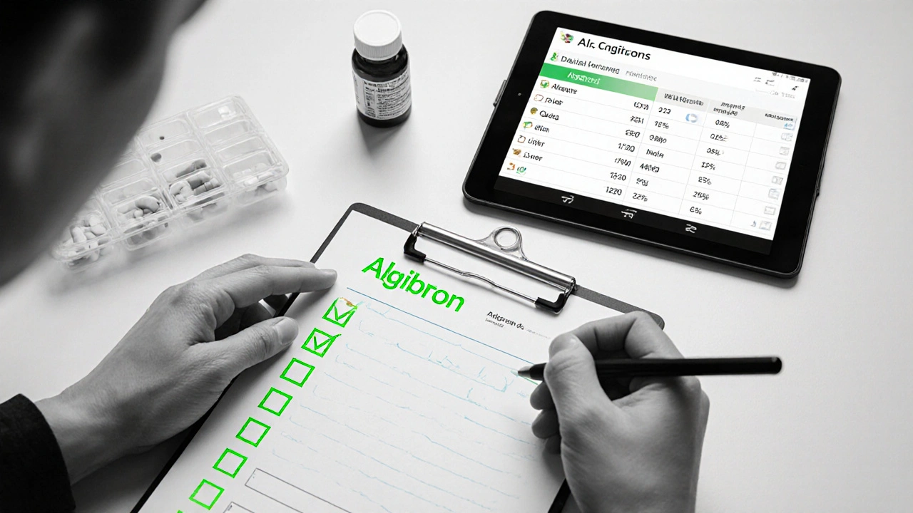 Patient writing medication list and reviewing lab results beside Algibron vial.