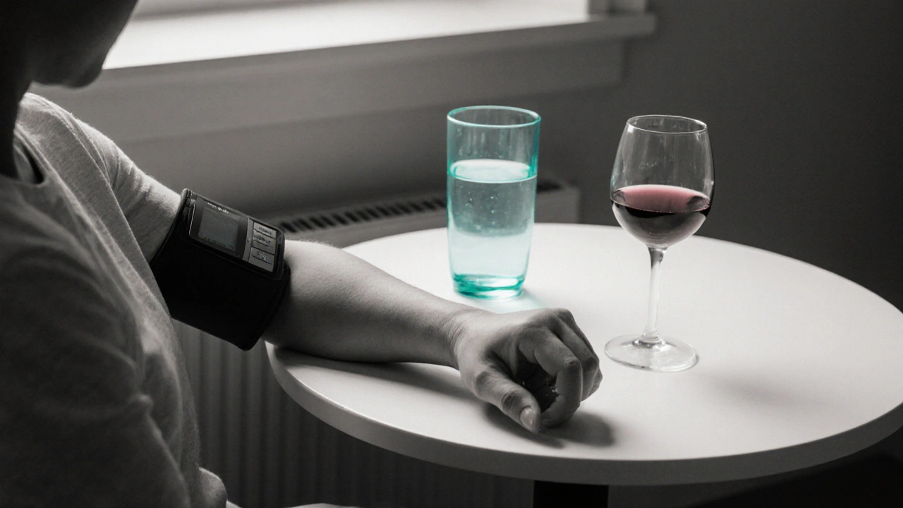 Person checks blood pressure cuff with water and wine glasses on a dimly lit table.