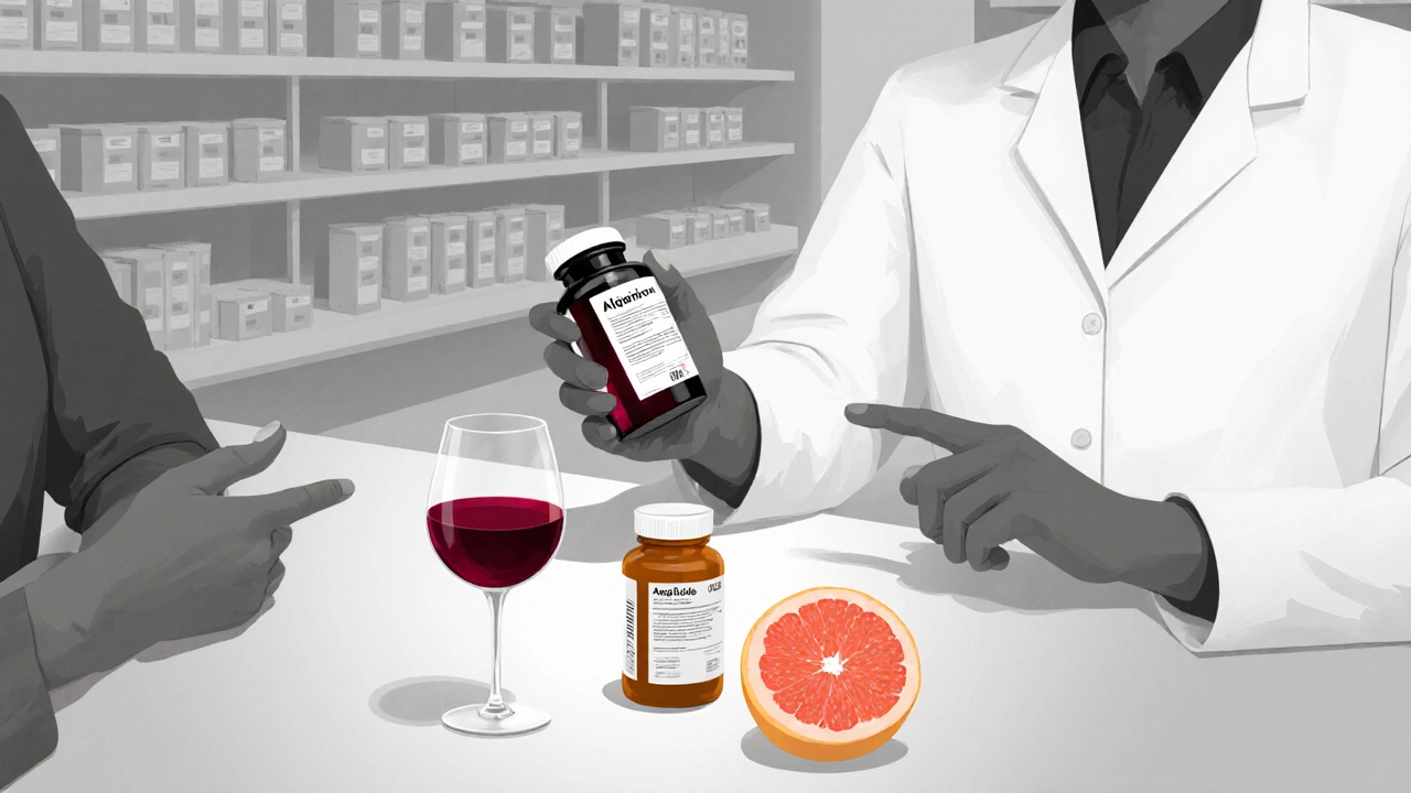 Pharmacist advising patient about wine, grapefruit, and antibiotics with Algibron.