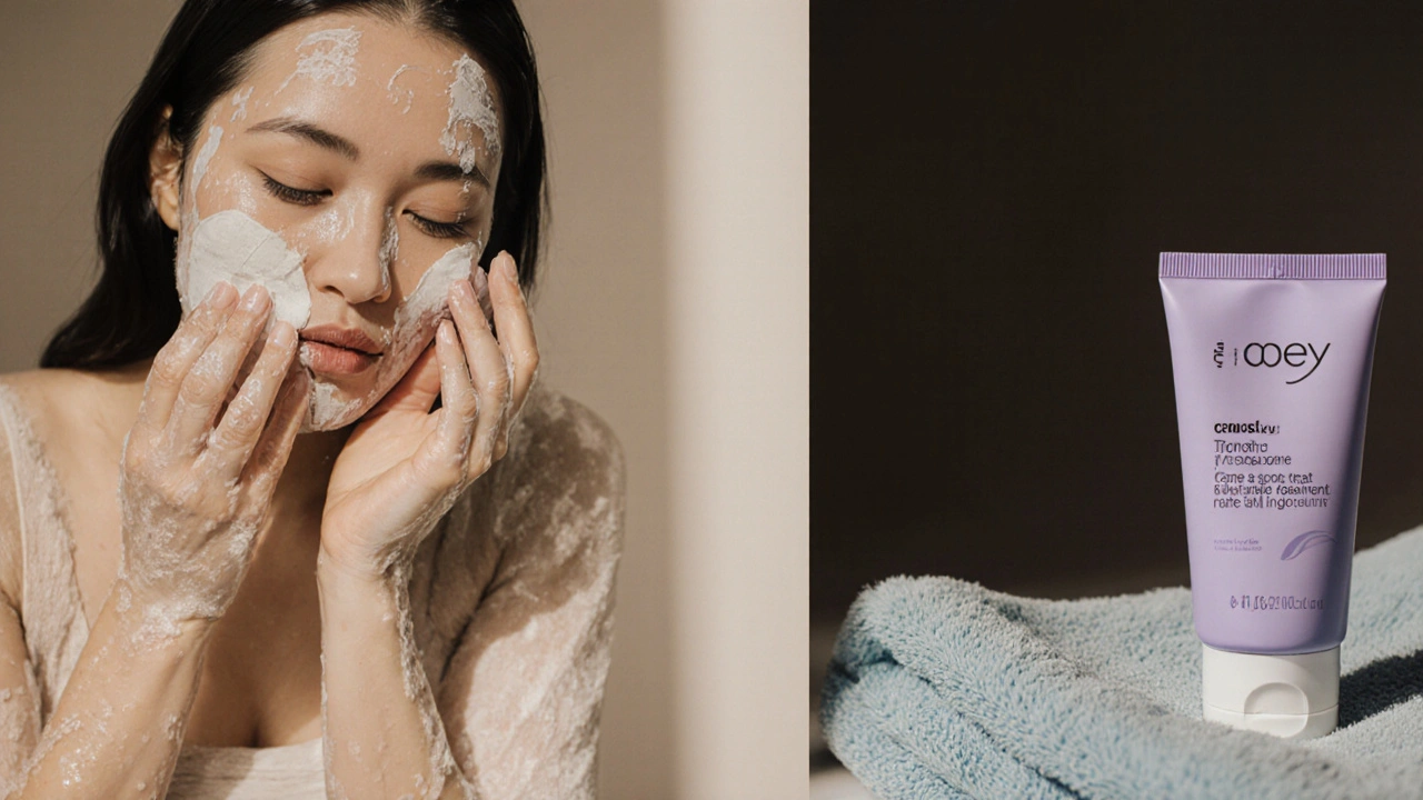 Pregnant woman washing face, applying a lavender‑tinted spot treatment, blue towel nearby.