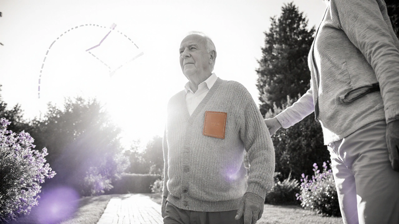 Senior man walking with caregiver, pain diary visible, garden background.