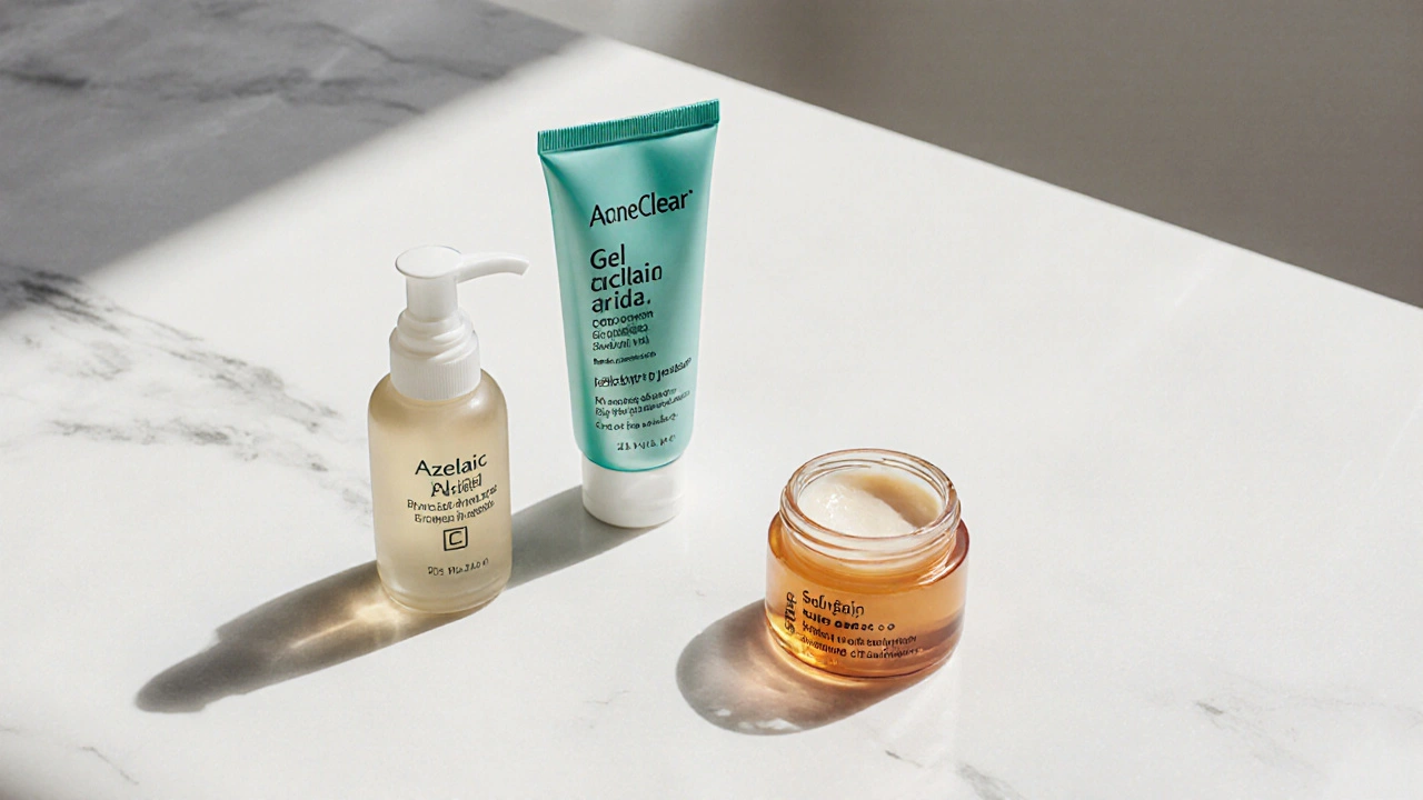 Three skincare products on marble: Acne Clear (teal), azelaic acid (amber), sulfur (orange).