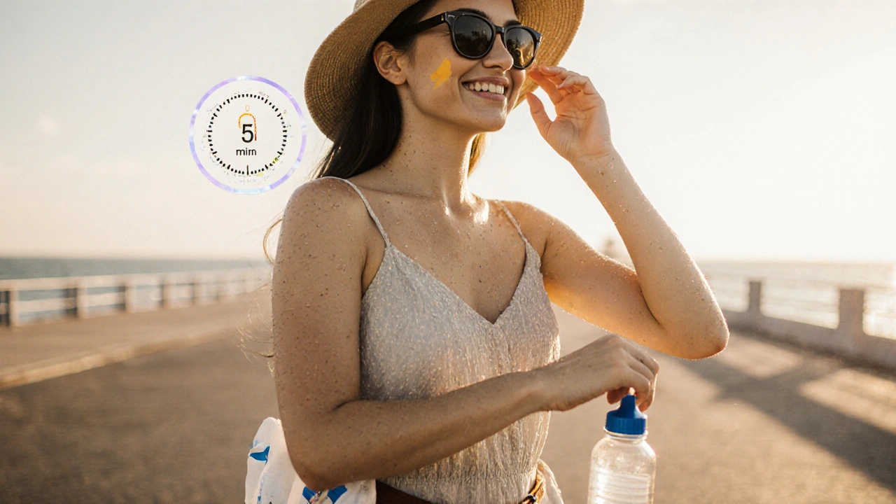 Woman in a hat applying sunscreen on a sunny promenade, with timer and water droplets.