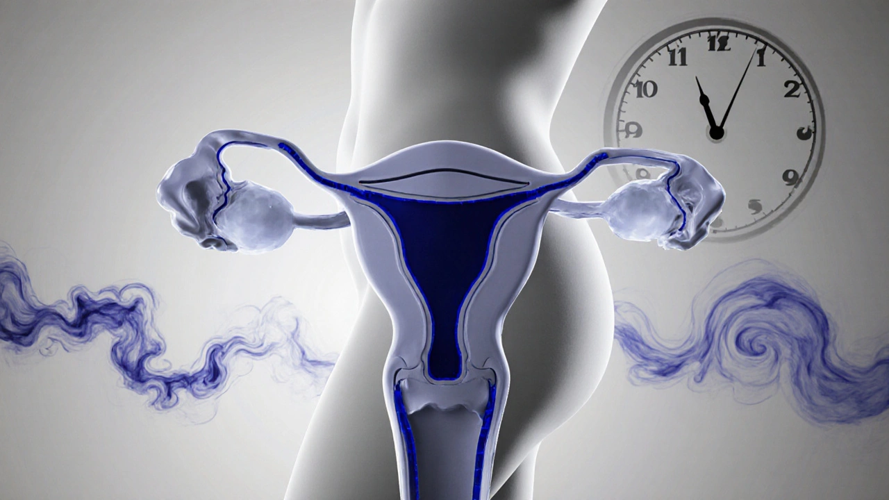 Abstract view of cervical mucus thickening and hormone suppression in limited color.