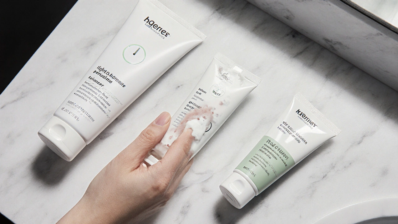 Bathroom vanity showing cleanser, peroxide, and ceramide moisturizer in a routine.