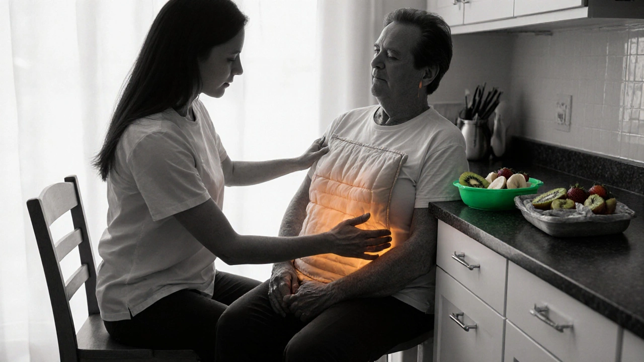 Caregiver helping a stretch with a warm compress and low‑FODMAP foods on the counter.