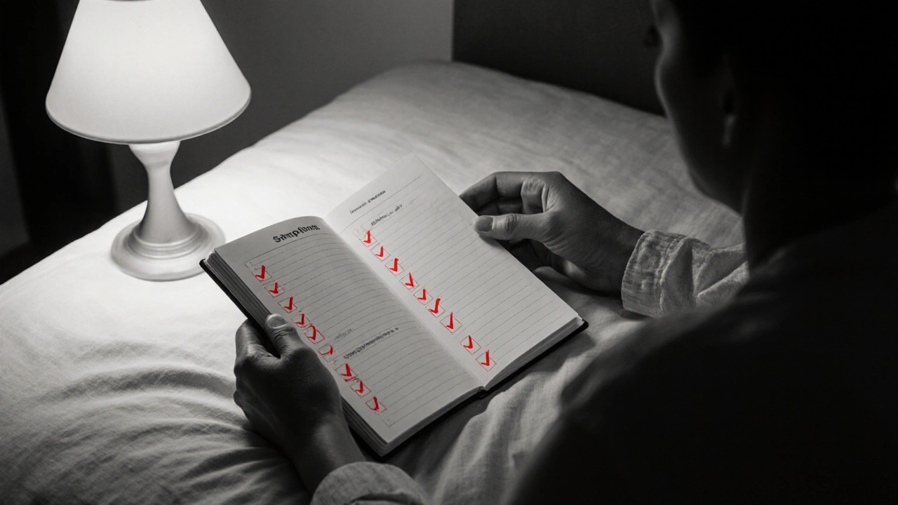 Caregiver holding a symptom journal with red checkmarks next to a supportive hand.