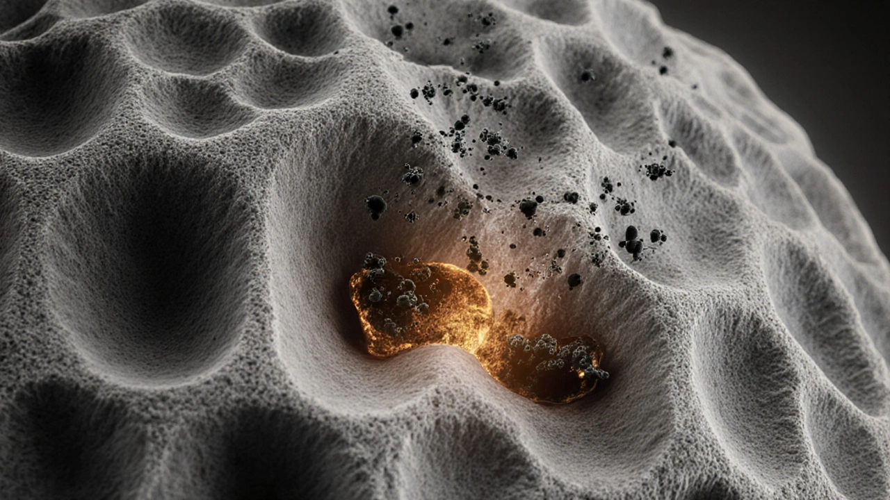 Close‑up view of bone cells with amber bisphosphonate molecules binding.