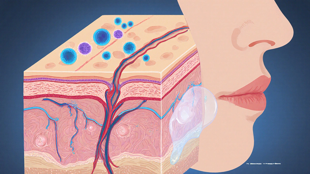 Cross‑section illustration of mast cells releasing histamine causing skin swelling.