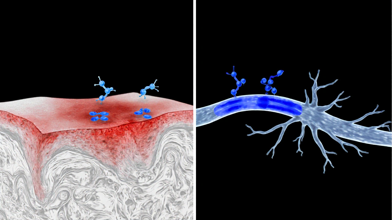 Cross-section of skin showing NSAID reducing inflammation (red) and lignocaine blocking nerve signals (blue), monochrome style.