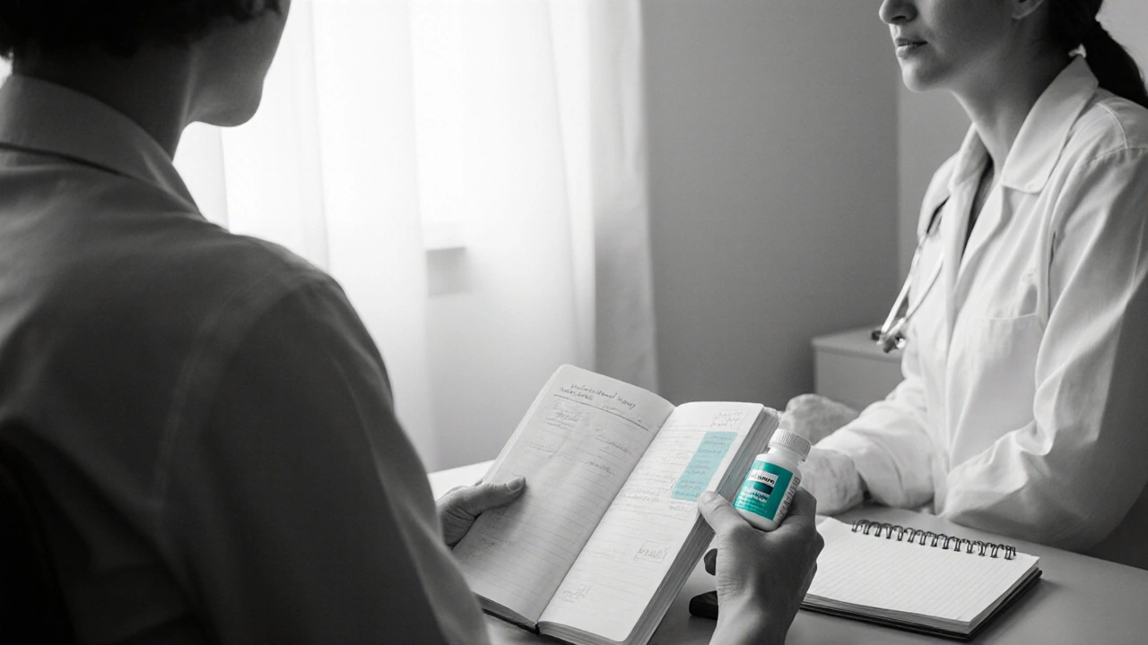 Doctor and patient discussing symptoms, holding a diary and probiotic bottle.