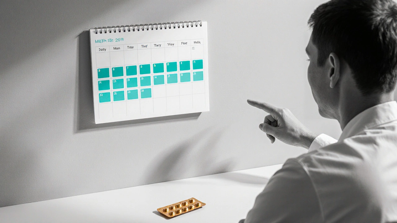 Doctor counseling patient on a 10‑day metronidazole schedule with a calendar and blister pack.