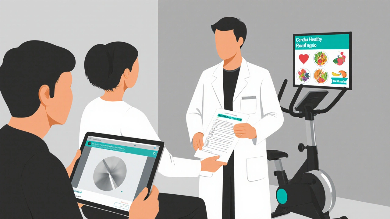 Doctor gives questionnaire to patient, therapist on tablet, rehab bike in background with teal accent.