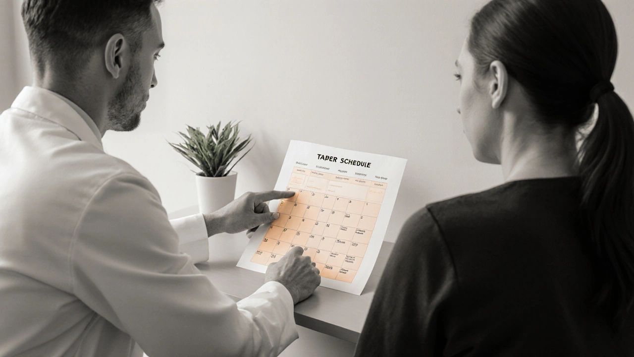 Doctor shows taper schedule to patient in clinic office.