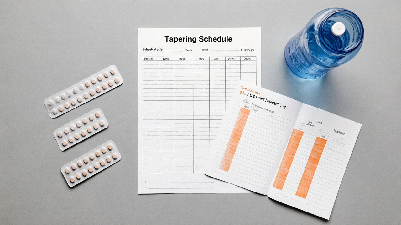 Flat‑lay of taper schedule table, pill bottles, diary, and liver test report with orange highlights.