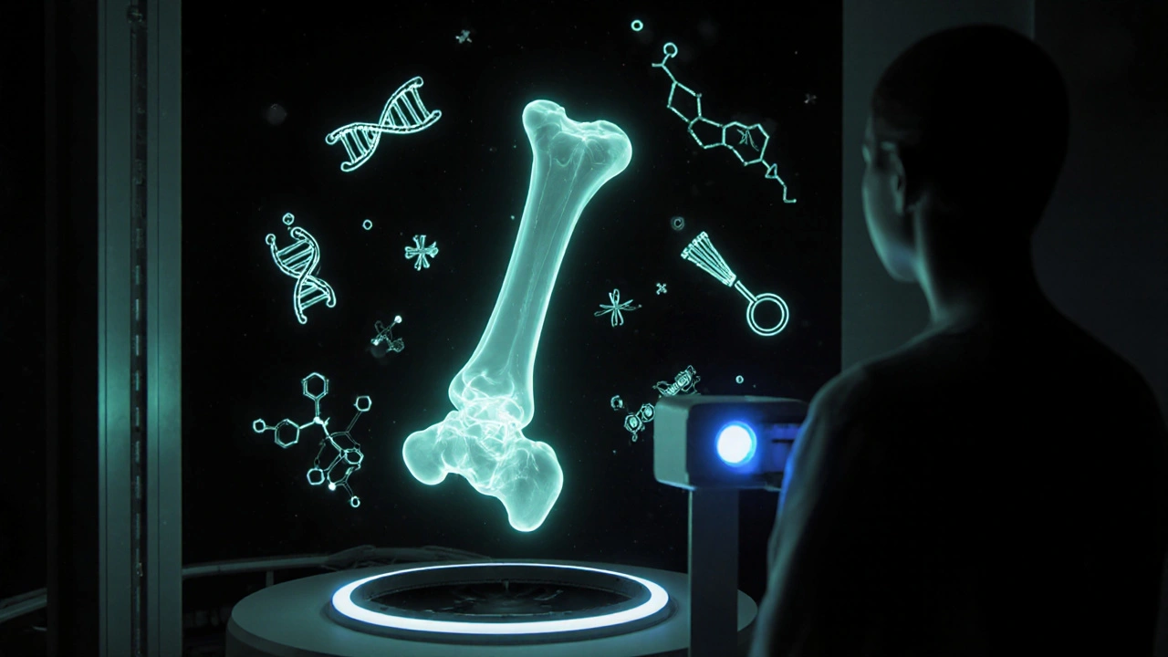 Futuristic lab with holographic bone, molecular icons, and DXA scanner glow.