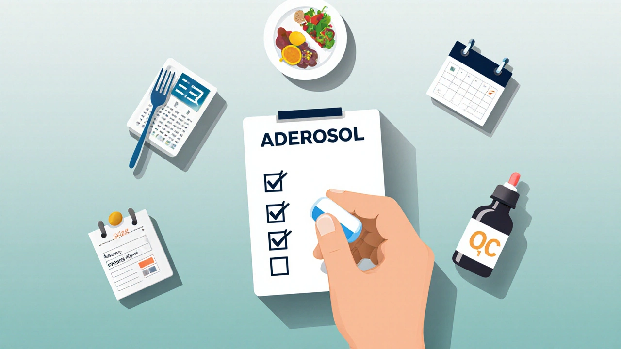 Hand holding Aderosol tablet surrounded by icons of food, lab test, notes, OTC, and alarm.