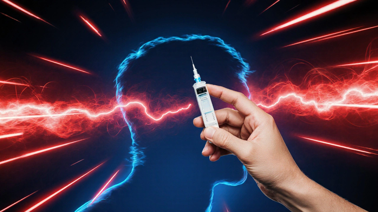 Hand holding epinephrine injector over a swollen throat silhouette with emergency lighting.