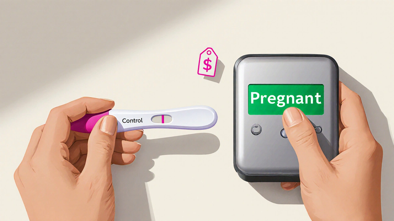 Hands holding a test strip and a digital test, each showing positive results side by side.