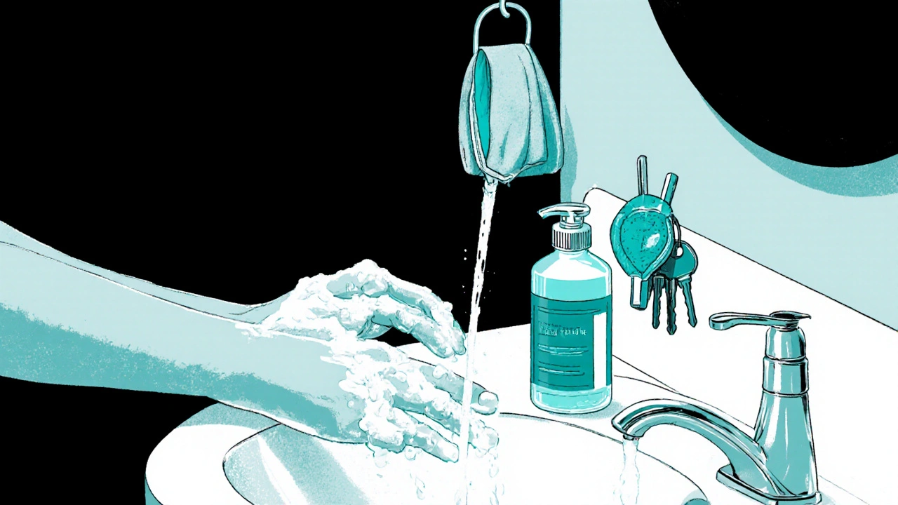 Hands washing with soap, sanitizer bottle and mask nearby.