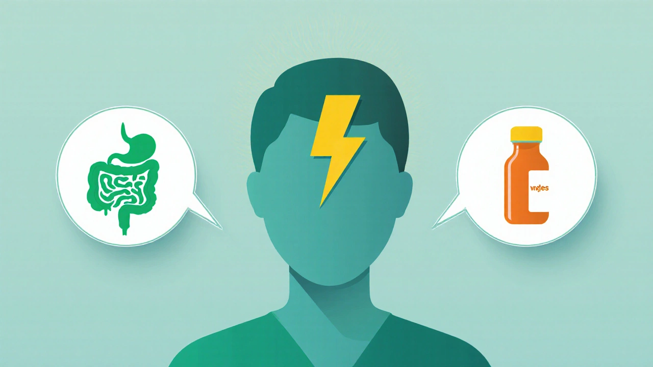 Illustrated icons showing nausea, headache, and drug interaction risks of Aderosol.