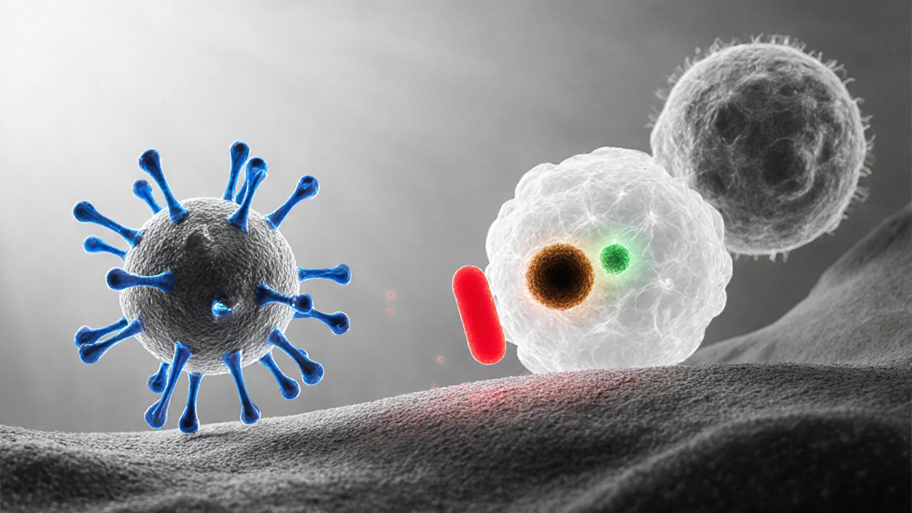 Immune cells (neutrophils, macrophages, T‑cells) engaging a red pathogen in tissue.