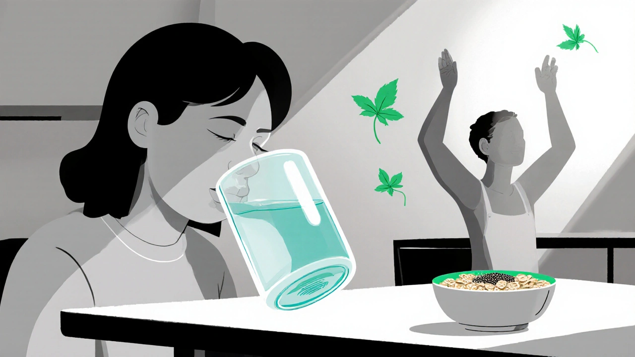 Kitchen scene with small meals, water, and a person doing breathing exercise.