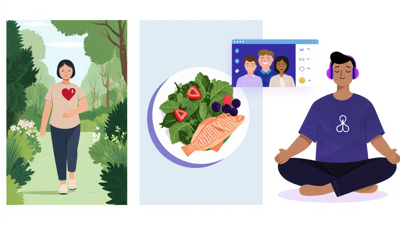 Montage of walking, healthy meal, meditation, and video chat, with green, amber, and blue highlights.