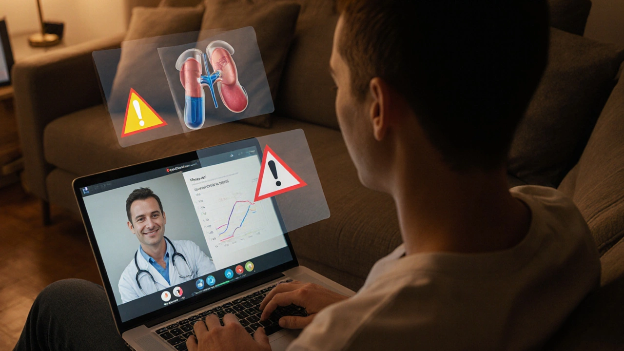 Patient consulting a doctor via video call, with lab test visuals and red‑flag symptom symbols.