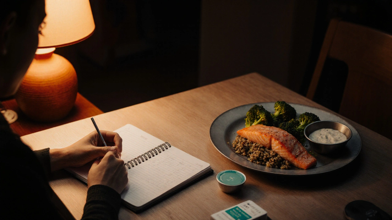 Patient logging vitals beside a salmon dinner under warm lamp light, limited color accents.