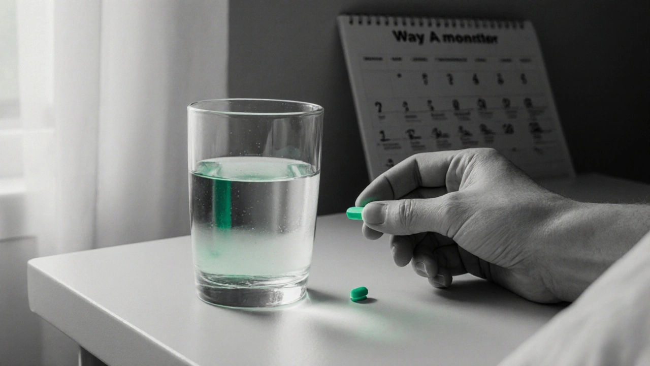 Patient taking a green‑accented Alendral pill with water and a calendar.