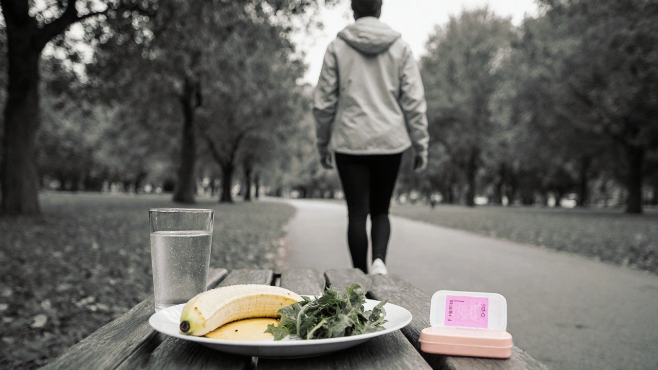 Patient walking in a park with a modest lunch and pill box, limited color highlights.